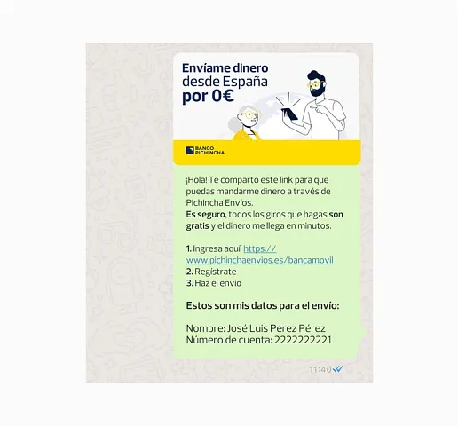 El link le dirige al servicio de Pichincha Envíos, donde debe registrarse para enviar el dinero.