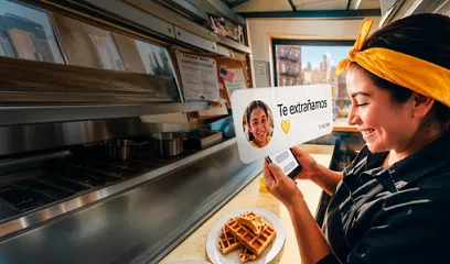 Persona viendo el celular mientras come waffles